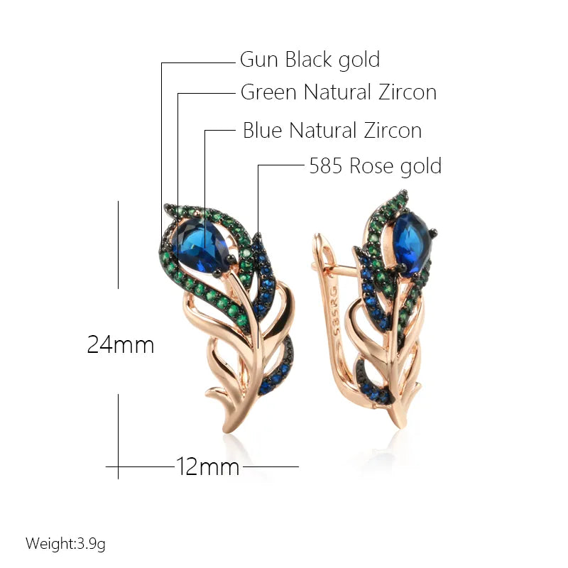 Kinel Hot Blue Natural Zircon Drop Earrings For Women 585 Rose Gold and Black Plating Vintage Crystal Leaf Daily Fine Jewelry