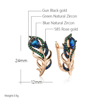 Kinel Hot Blue Natural Zircon Drop Earrings For Women 585 Rose Gold and Black Plating Vintage Crystal Leaf Daily Fine Jewelry