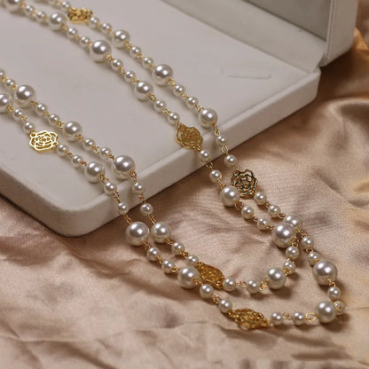 Vintage Lady Camellia Pearls Flower Long Necklace Chain Elegant Double Layers Fashion  Jewelry For Women Party Collares de moda