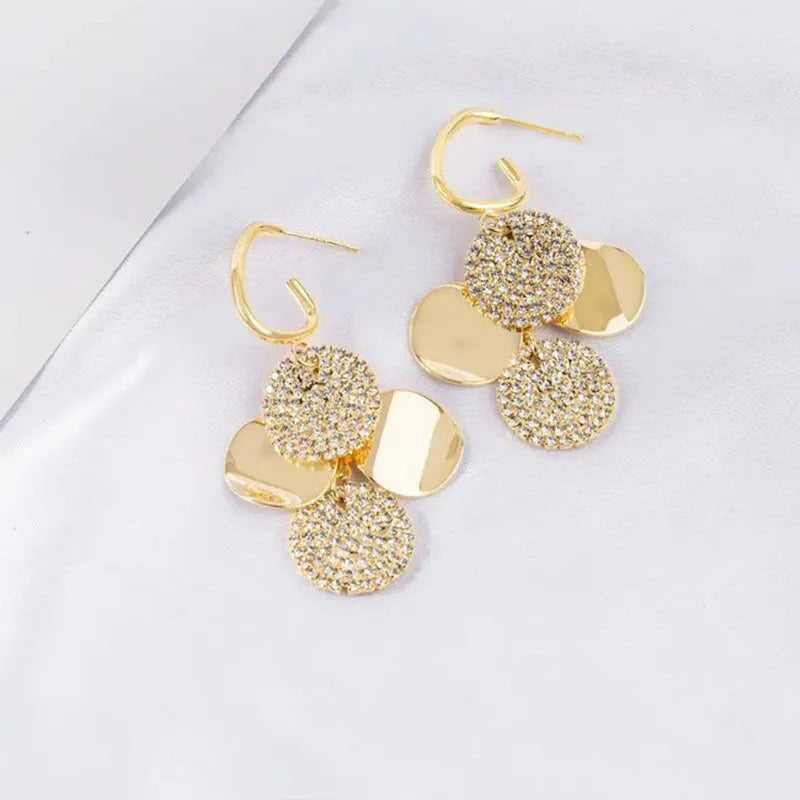 Inlaid Zircon Golden Circle Sequins Earrings for Women Personality Fashion Daily Wear Accessories Party Jewelry Birthday Gift