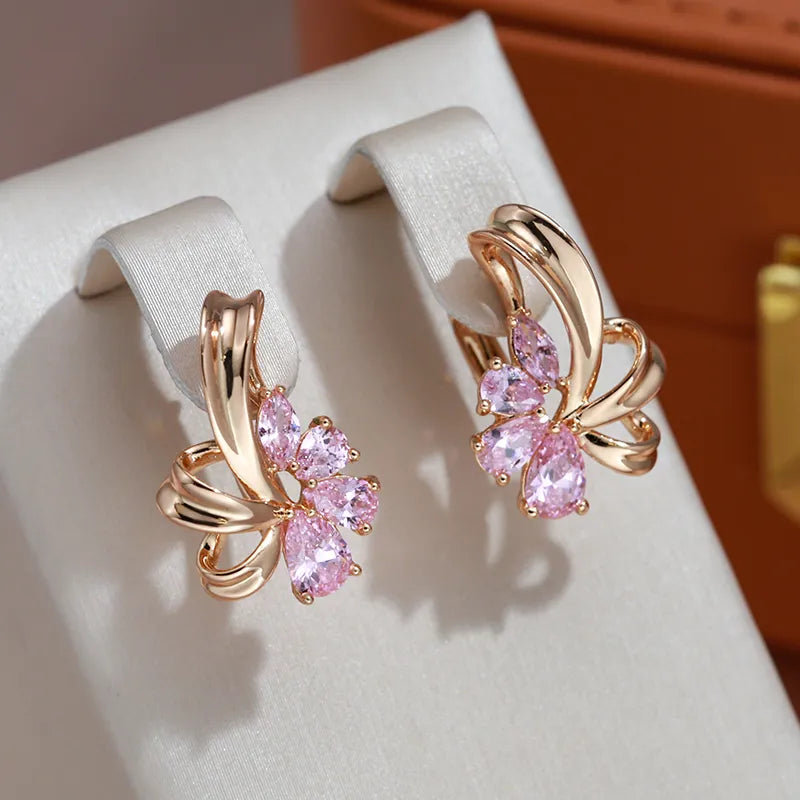 Geometric Pink Zircon English Lock Clip Earrings For Women 585 Rose Gold Color Vintage Wedding Trendy Jewelry Sexy Earrings