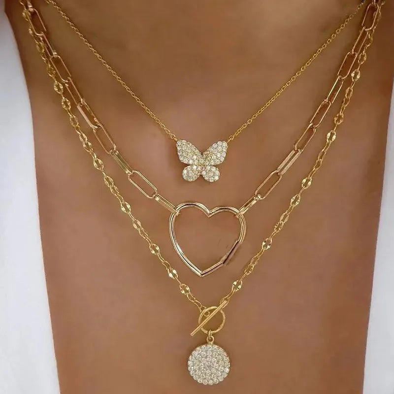 Bohemia Multilayer Crystal Butterfly Pendant Necklaces For Women Hollow Heart Choker Necklace Fashion Jewelry Party Gift N0321