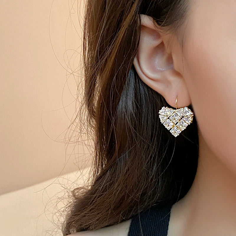 Korean New Design Fashion Jewelry 14K Gold Plated Luxury Zircon Heart Earrings Elegant Women&