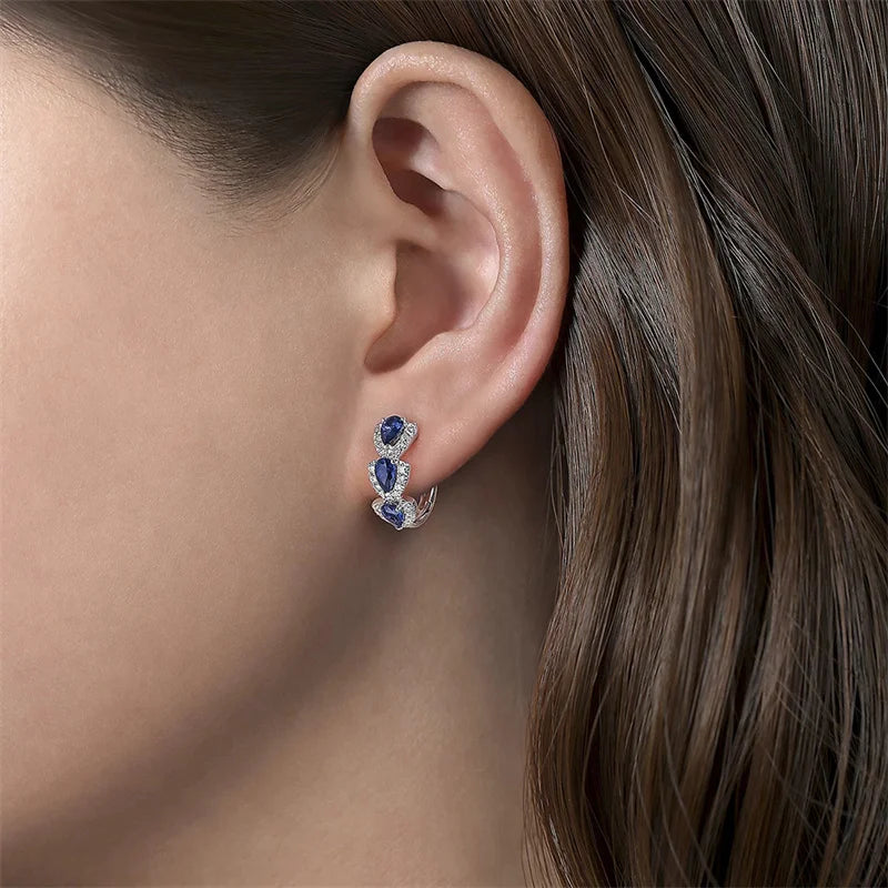 Huitan Luxury Trendy Blue Cubic Zirconia Hoop Earrings Wedding Party Elegant Accessories for Women Anniversary Gift New Jewelry