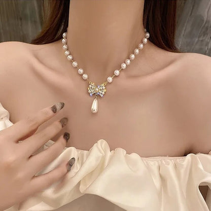 Korean Fashion Rhinestones Shiny Beautiful Pearl Bow Necklace for Women Beaded Necklace Wedding Party Luxury Jewelry Gifts mujer