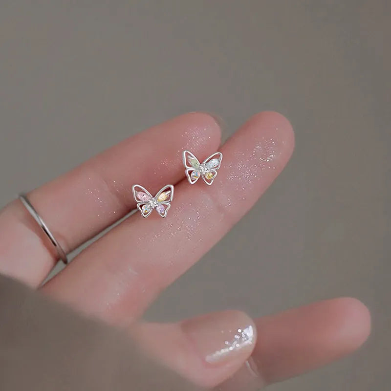 A Pair Silver Plated Ear Piercing Jewelry Romantic Zircon Flower Butterfly Stud Earrings for Women Girl Teen Jewelry Accessories