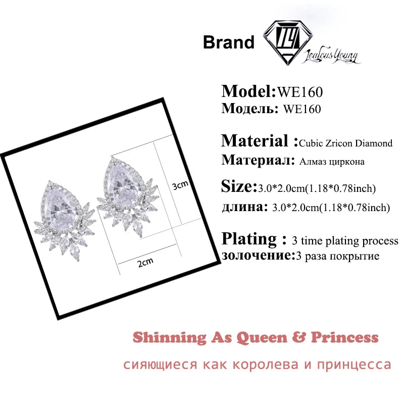 Fashion Teardrop Cubic Zirconia Silver Color Stud Earrings Luxury Leaf Bridal Wedding Brincos Jewelry for Women