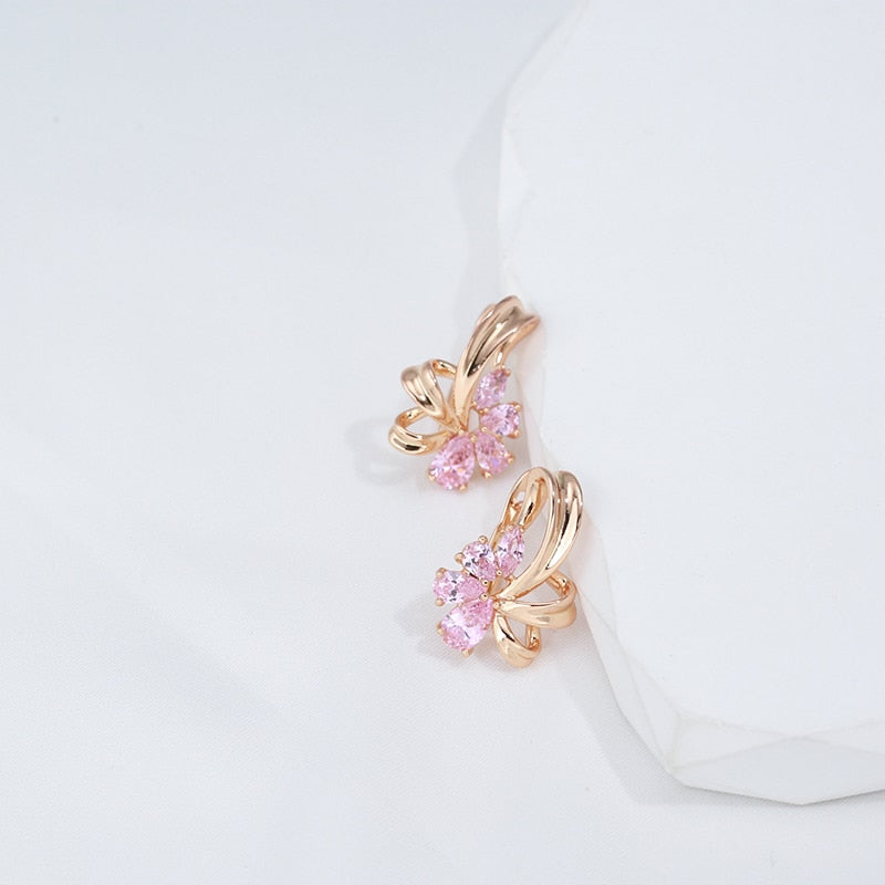 Geometric Pink Zircon English Lock Clip Earrings For Women 585 Rose Gold Color Vintage Wedding Trendy Jewelry Sexy Earrings