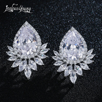 Fashion Teardrop Cubic Zirconia Silver Color Stud Earrings Luxury Leaf Bridal Wedding Brincos Jewelry for Women