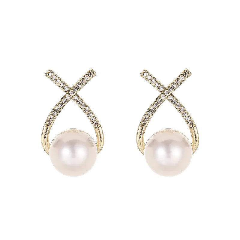 Gold Color Metal Fashion Korean Pearl Earrings For Women Sparkling Zircon Pendant Cuff Clip Earrings Wedding Party Jewelry Gifts