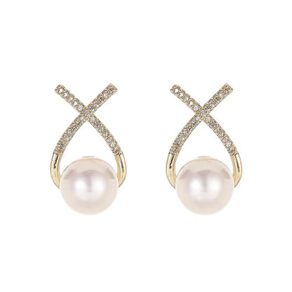 Gold Color Metal Fashion Korean Pearl Earrings For Women Sparkling Zircon Pendant Cuff Clip Earrings Wedding Party Jewelry Gifts