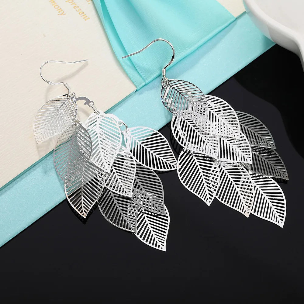 925 Sterling Silver Earrings fashion Jewelry Woman Layered Hollow Leaves Tassel Long Drop earrings Trendsetter Christmas Gifts