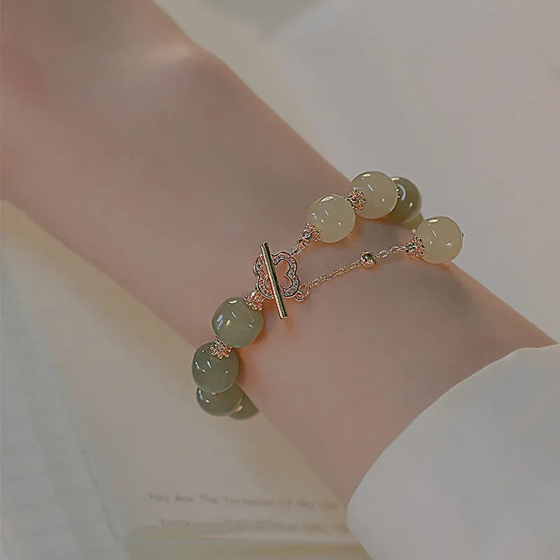 Fashionable and Exquisite Green Imitation Jade Beaded Bracelet for Women Elegant and Sweet Court Style Banquet Daily Jewelry