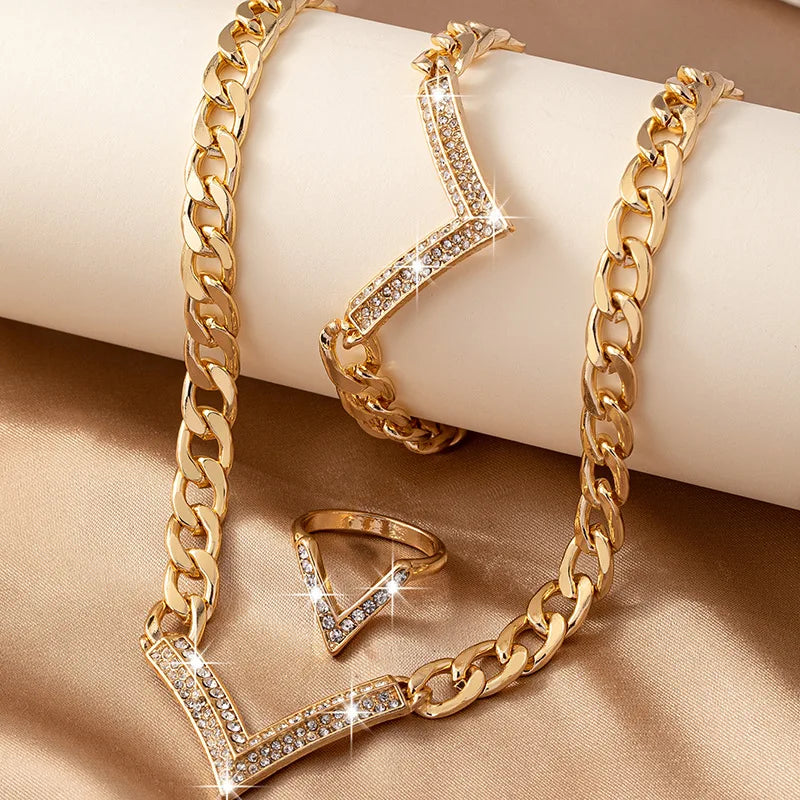 Geometric V-shaped Necklace Bracelet Ring Set For Women Collarbone Chain Party Gift OL Fashion Jewelry CS008