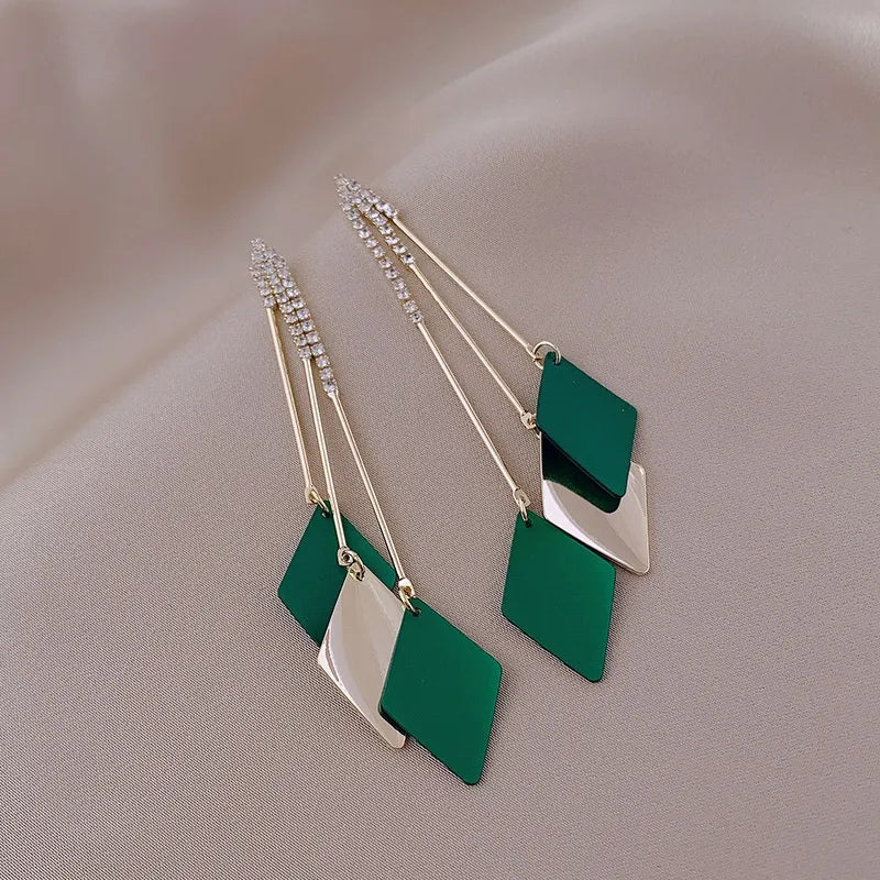 Korean Fashion Long and Wide Tassel Earrings Blue and Green Valentine&