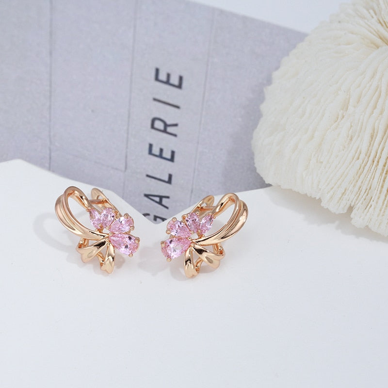 Geometric Pink Zircon English Lock Clip Earrings For Women 585 Rose Gold Color Vintage Wedding Trendy Jewelry Sexy Earrings