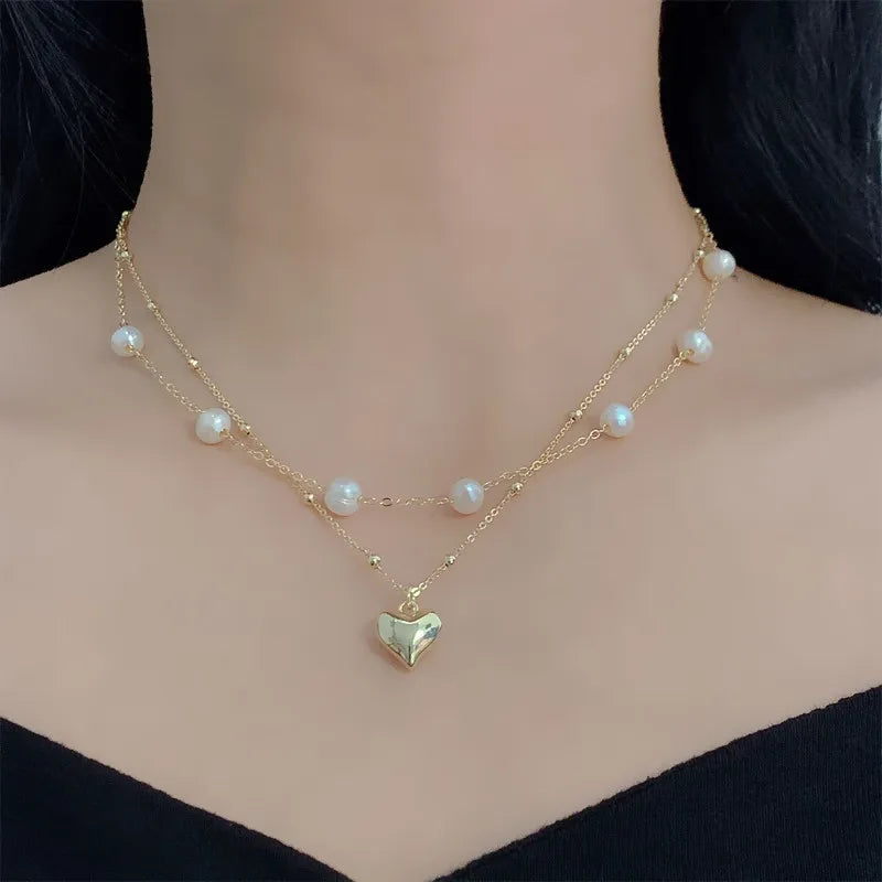 Fashion Unique Design Elegant and Exquisite Double-layer Pearl Love Pendant Necklace Women Jewelry Wedding Party Premium Gift