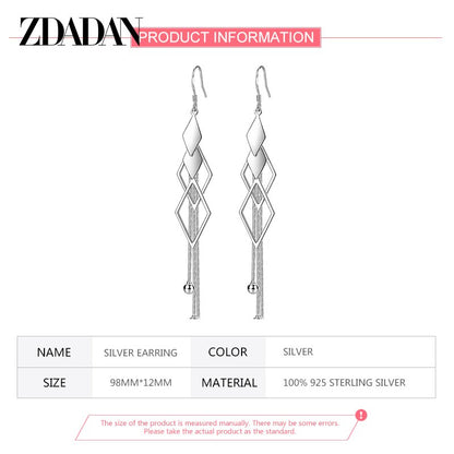 ZDADAN 925 Sterling Silver Geometric Long Tassel Drop Earrings For Women Wedding Jewelry