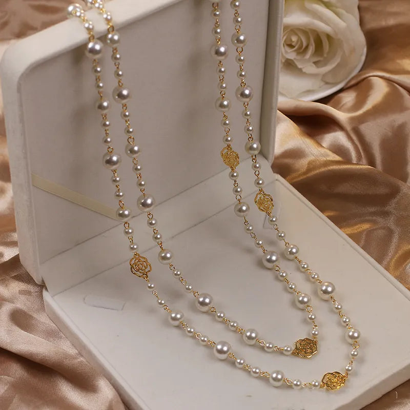 Vintage Lady Camellia Pearls Flower Long Necklace Chain Elegant Double Layers Fashion  Jewelry For Women Party Collares de moda