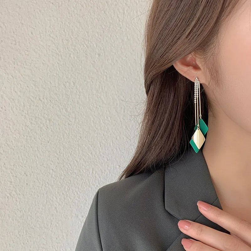 Korean Fashion Long and Wide Tassel Earrings Blue and Green Valentine&