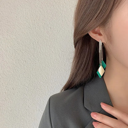 Korean Fashion Long and Wide Tassel Earrings Blue and Green Valentine&