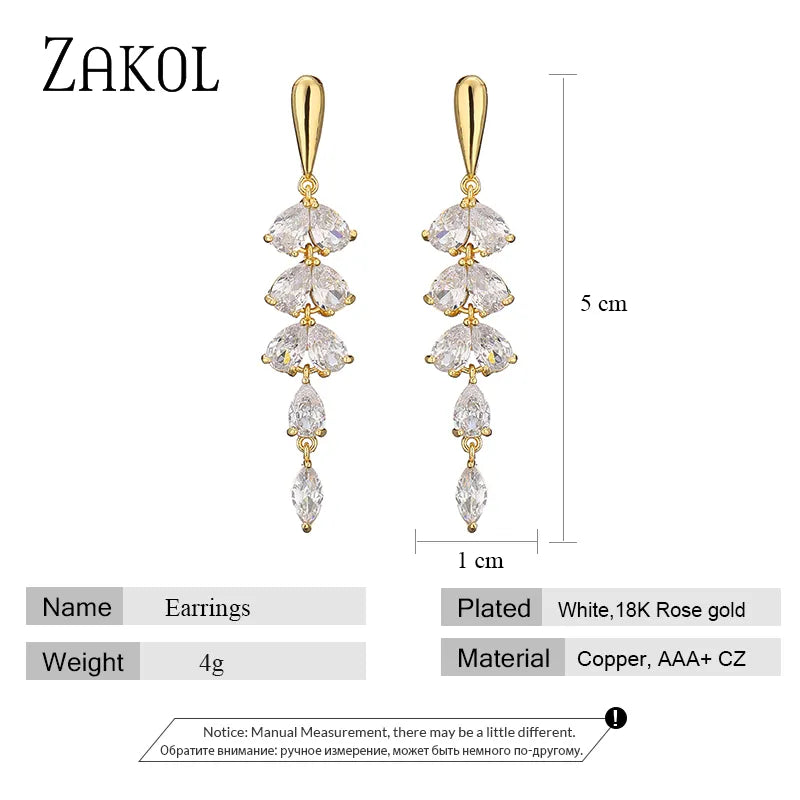 ZAKOL Korean Charm Gold Color Leaves Earring for Women Exquisite Zirconia Dangle Earrings Elegant Crystal Wedding Jewelry EP2908