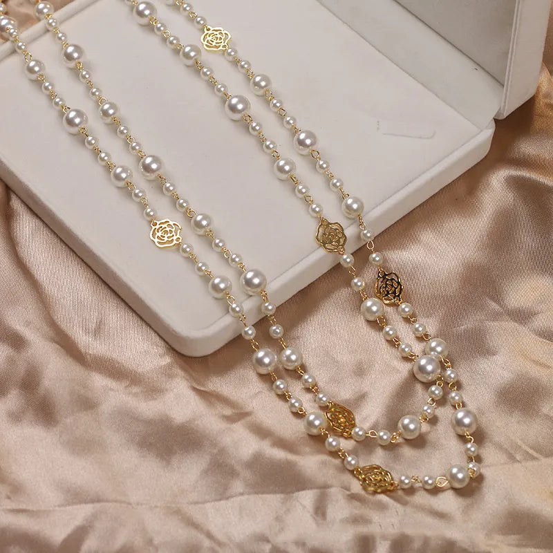 Vintage Lady Camellia Pearls Flower Long Necklace Chain Elegant Double Layers Fashion  Jewelry For Women Party Collares de moda