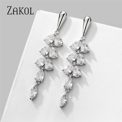 ZAKOL Korean Charm Gold Color Leaves Earring for Women Exquisite Zirconia Dangle Earrings Elegant Crystal Wedding Jewelry EP2908