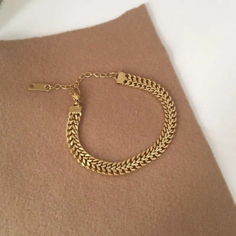 316L Stainless Steel Double Spell Gold Color Thick Twist Chain Bracelet Female Ins Simple Design Jewelry