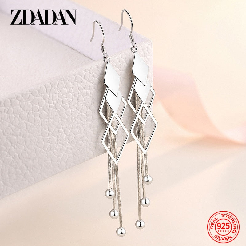 ZDADAN 925 Sterling Silver Geometric Long Tassel Drop Earrings For Women Wedding Jewelry