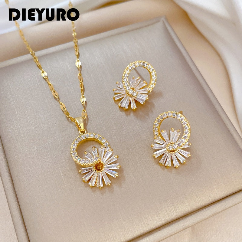 DIEYURO 316L Stainless Steel Cute Little Daisy Pendant Necklace Earrings For Women Girl Trendy Jewelry Set Gift Party Accessory