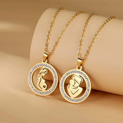 Cazador Family Mom Kid Baby Round Pendant Necklace Stainless Steel Gold Color Clear Zircon Chain Jewelry Mother&